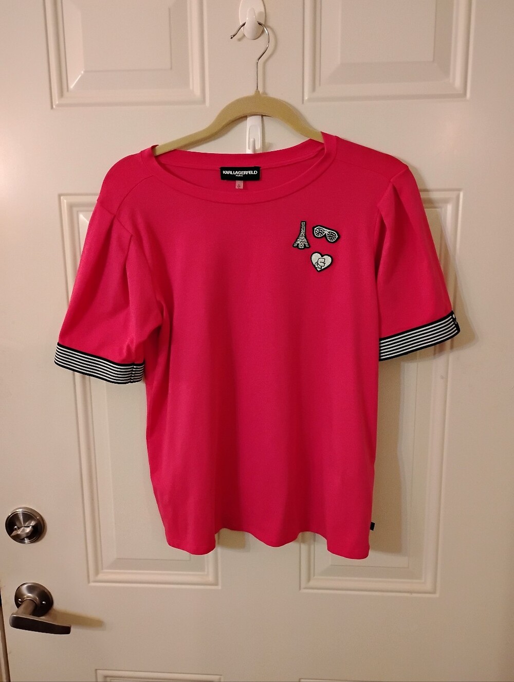 Karl Lagerfeld Women's Hot Pink Short Sleeve Tee with Patch Accents